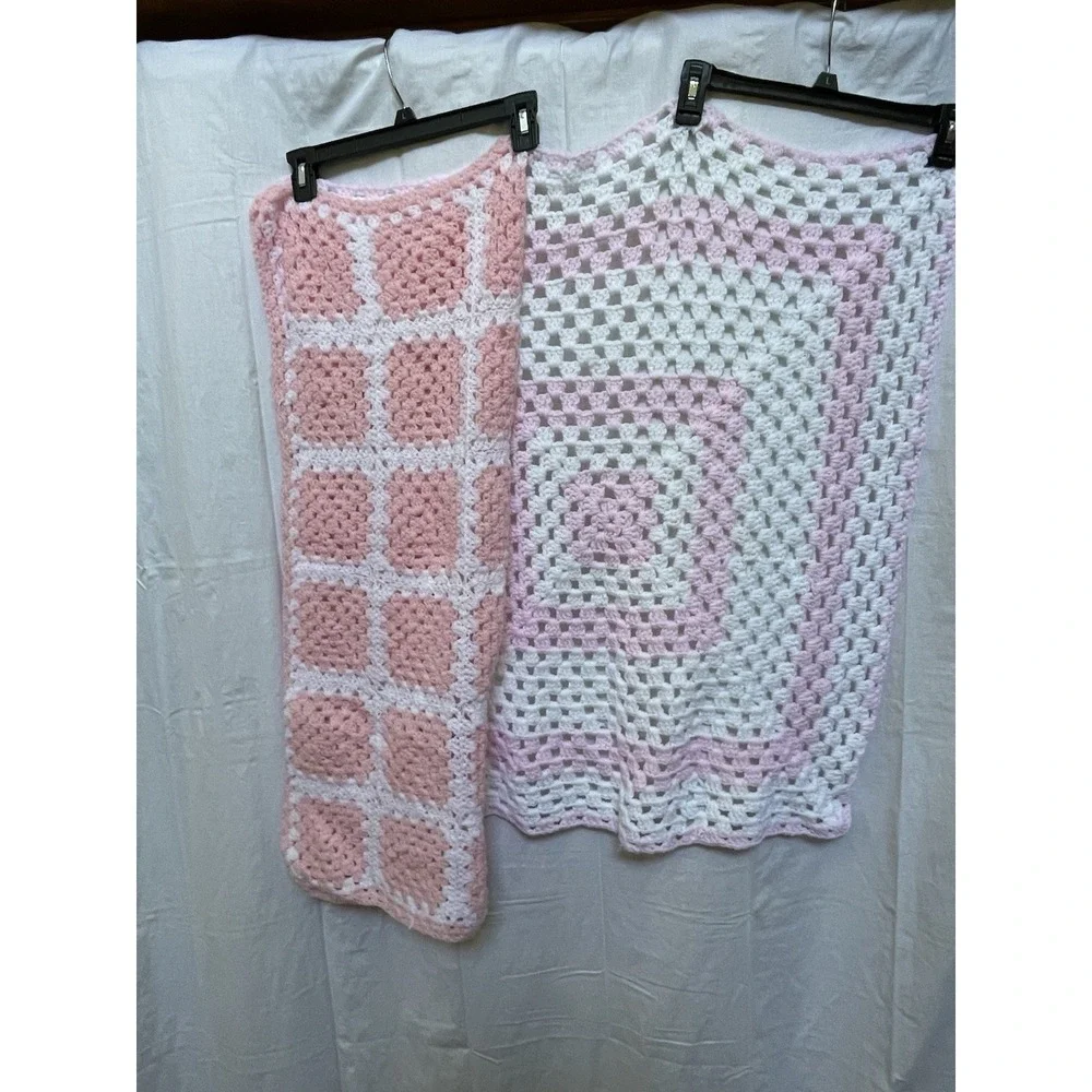 Handmade Pink White Square Afghan Crochet Baby Blanket Lot Of 2